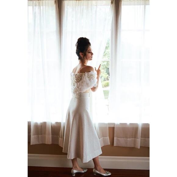 Vintage 60s White High Waisted Skirt with Silver Metallic Polka Dot Print Small - Picture 4 of 4